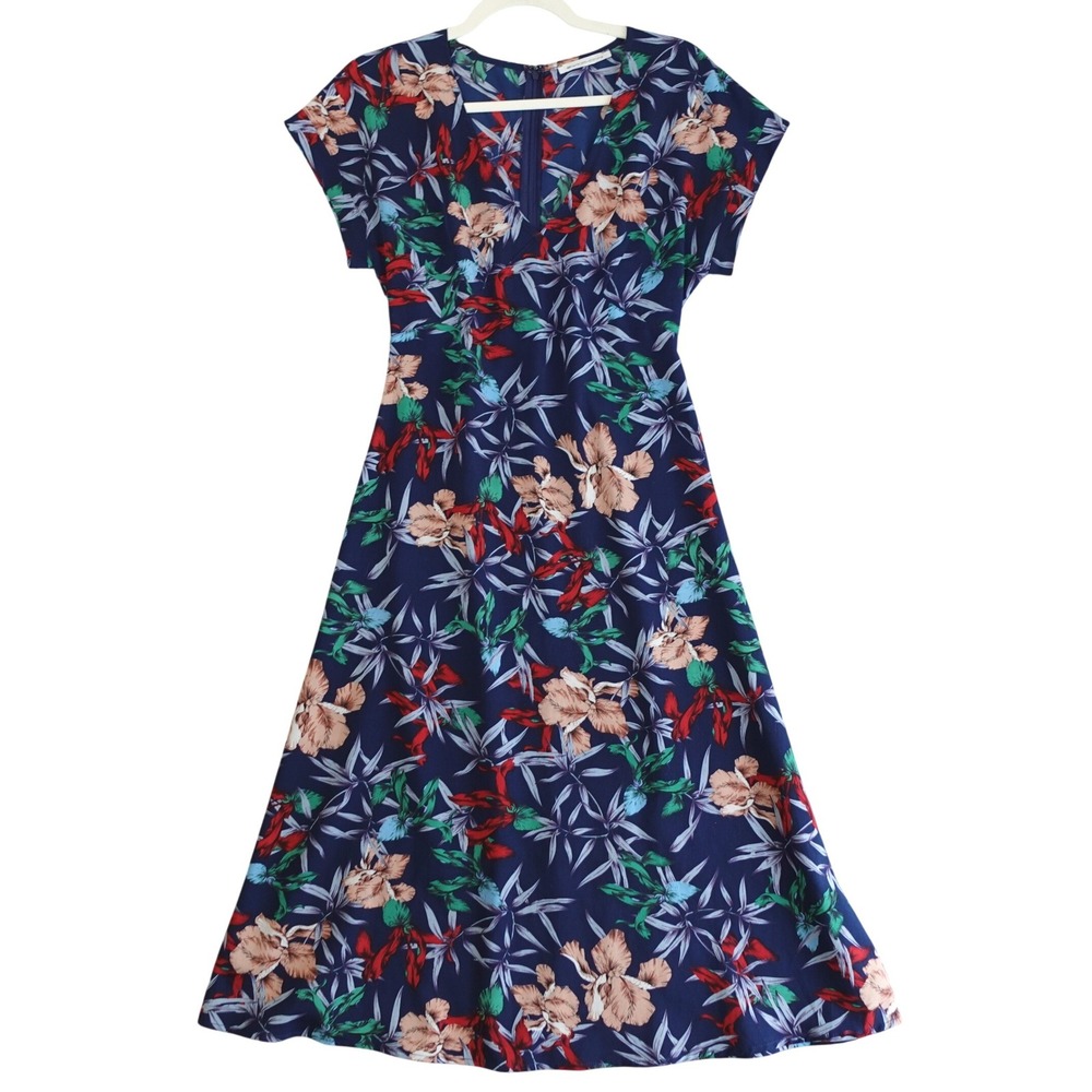 Symphony Dress Womens Small Blue‎ Floral Tropical Resort Vacation Babydoll Midi